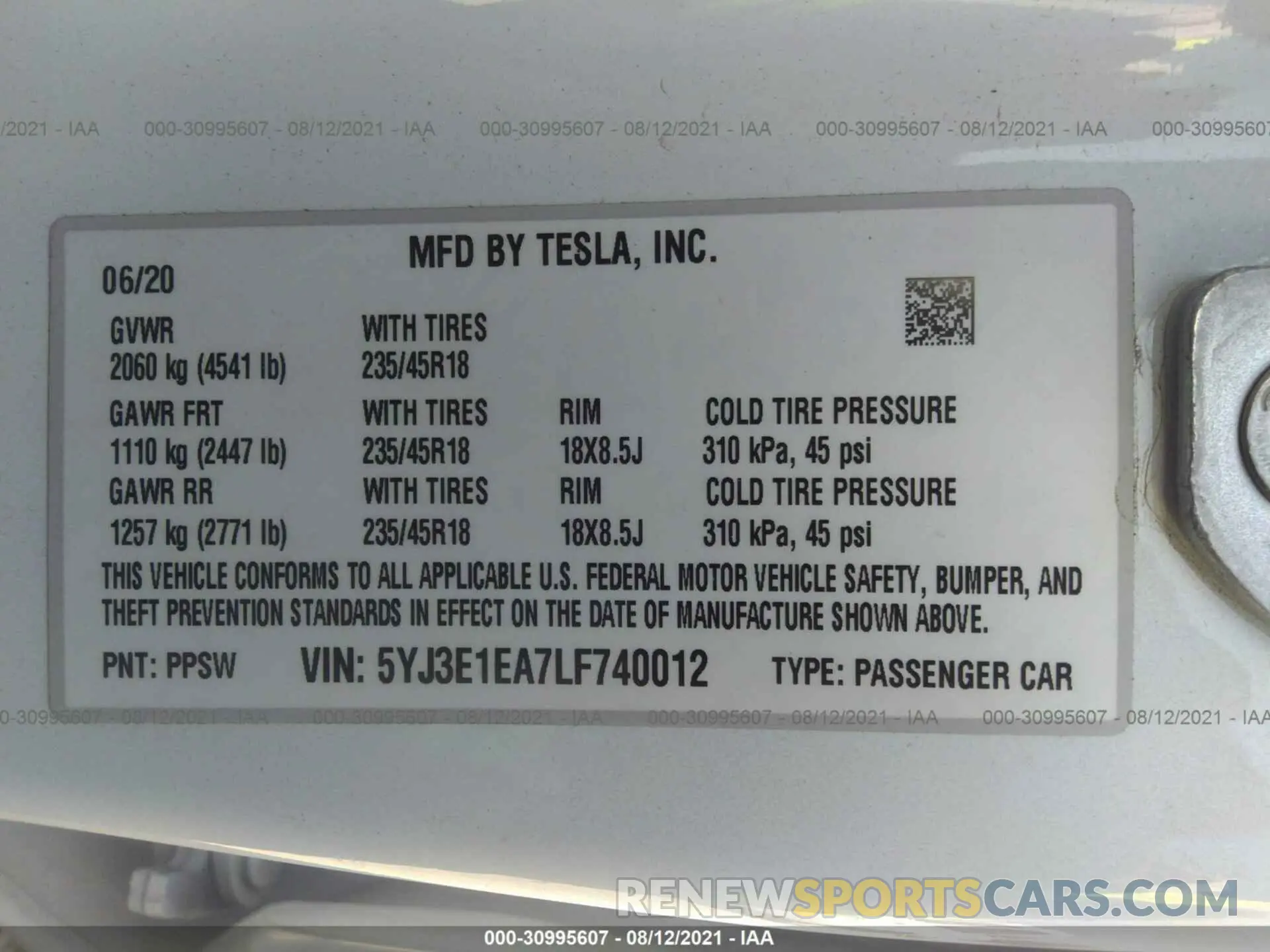 9 Photograph of a damaged car 5YJ3E1EA7LF740012 TESLA MODEL 3 2020