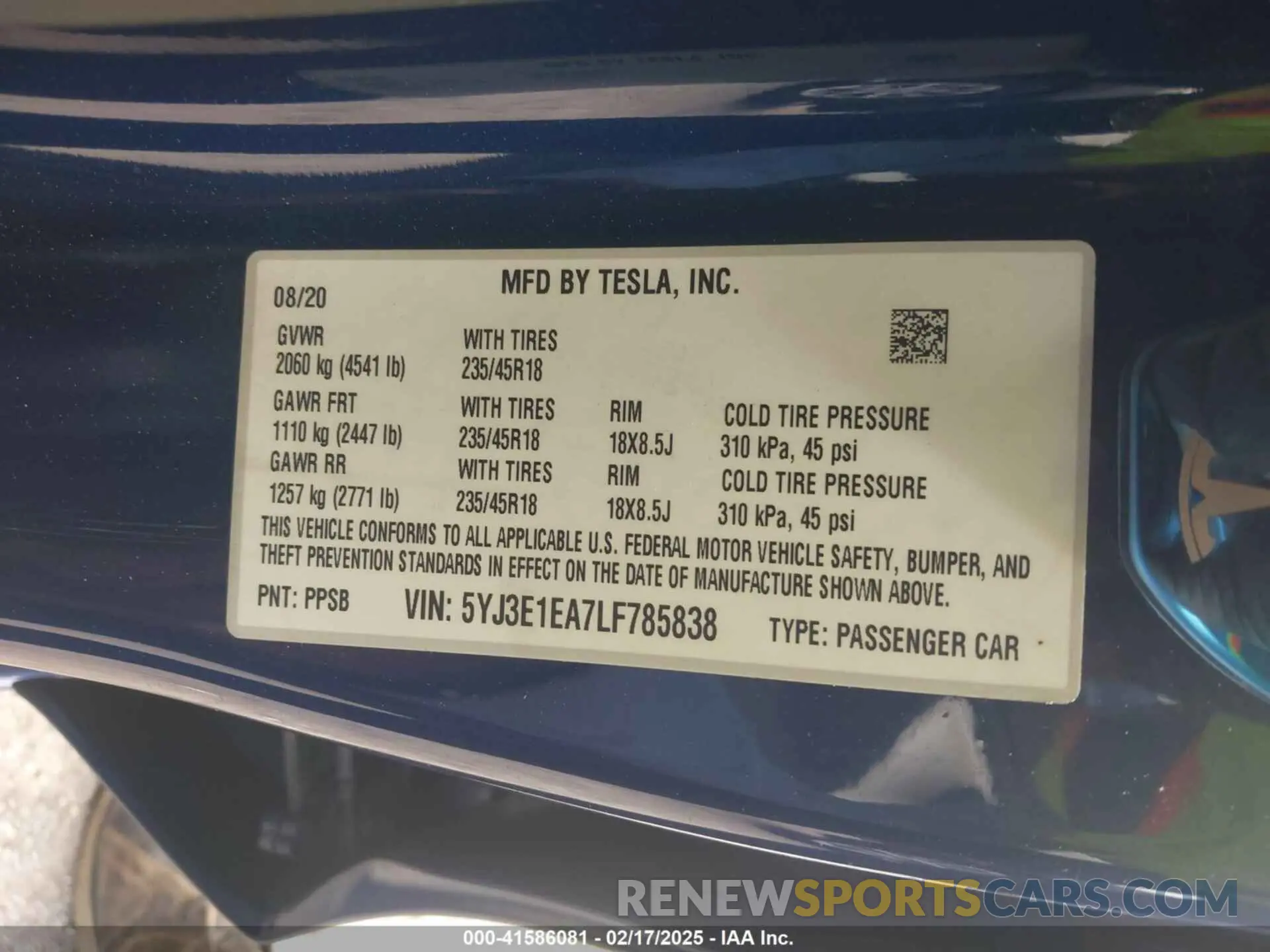 9 Photograph of a damaged car 5YJ3E1EA7LF785838 TESLA MODEL 3 2020