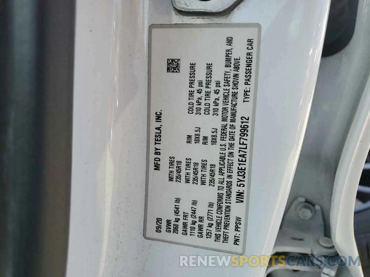 12 Photograph of a damaged car 5YJ3E1EA7LF799612 TESLA MODEL 3 2020