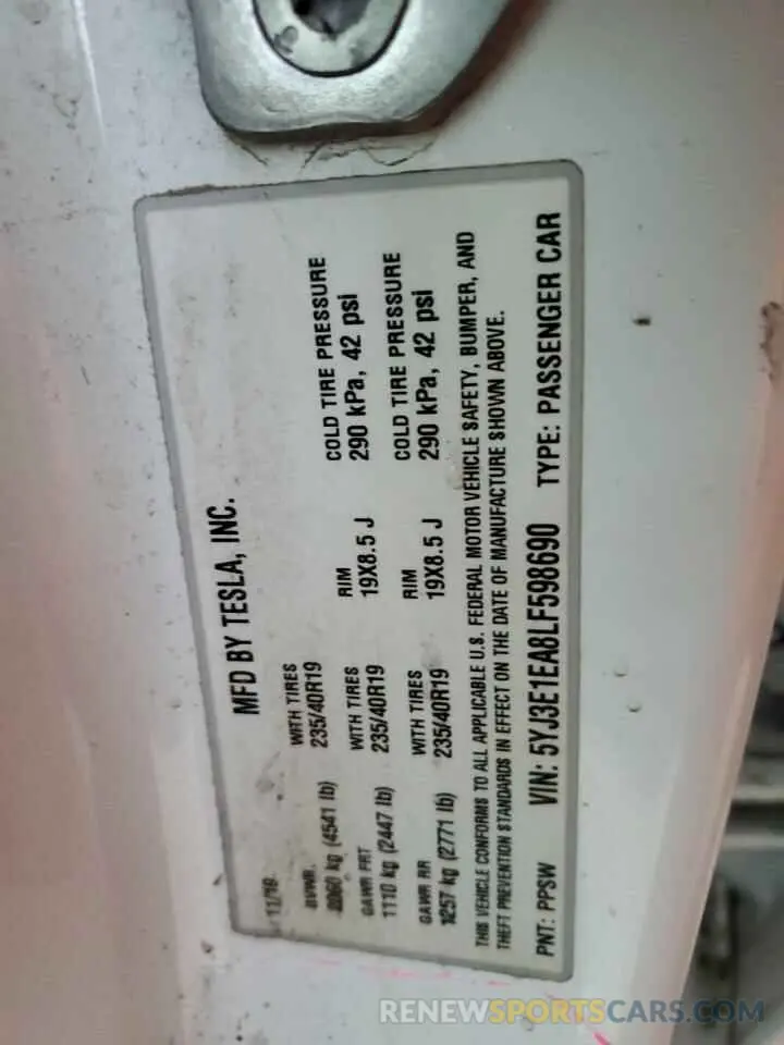 13 Photograph of a damaged car 5YJ3E1EA8LF598690 TESLA MODEL 3 2020