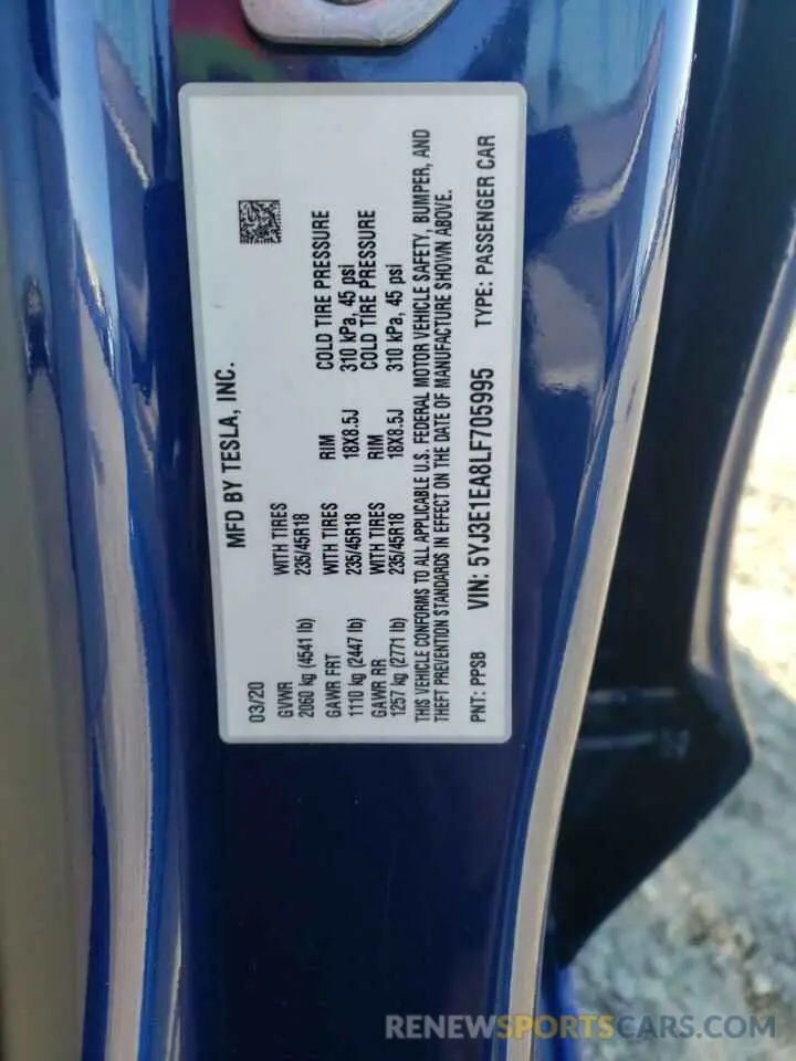 14 Фотография поврежденного автомобиля 5YJ3E1EA8LF705995 TESLA MODEL 3 2020