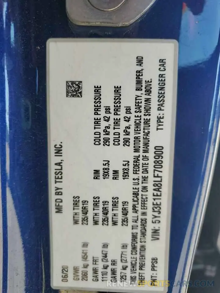 12 Photograph of a damaged car 5YJ3E1EA8LF708900 TESLA MODEL 3 2020