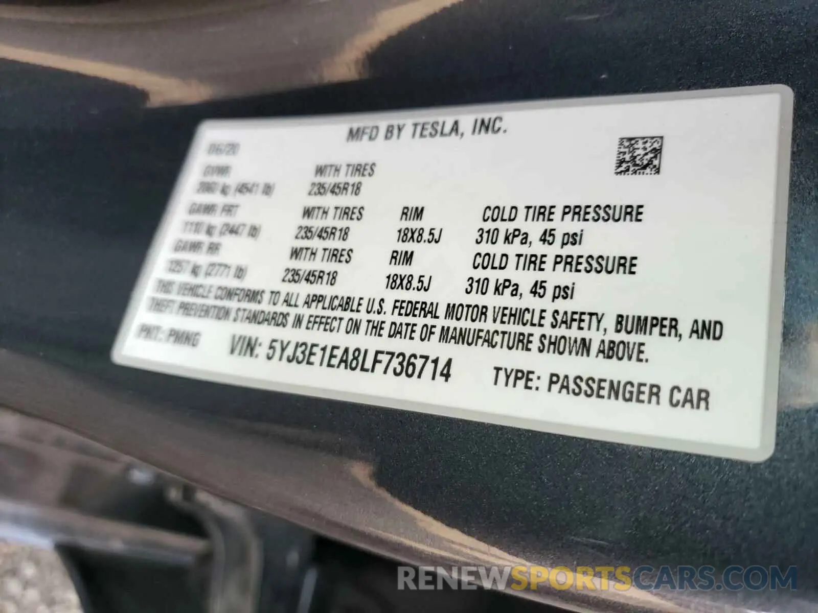 10 Photograph of a damaged car 5YJ3E1EA8LF736714 TESLA MODEL 3 2020