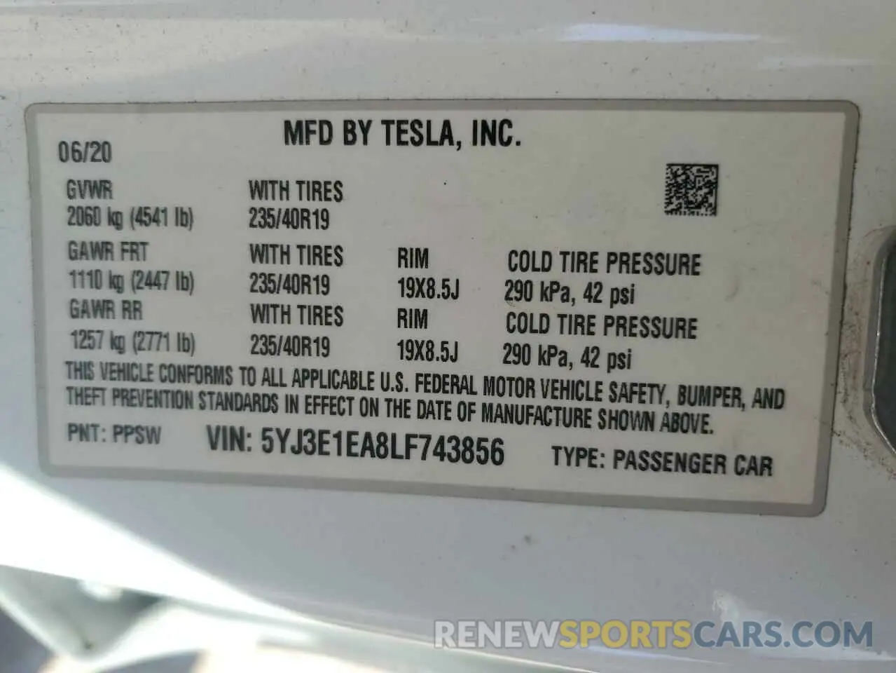 14 Photograph of a damaged car 5YJ3E1EA8LF743856 TESLA MODEL 3 2020