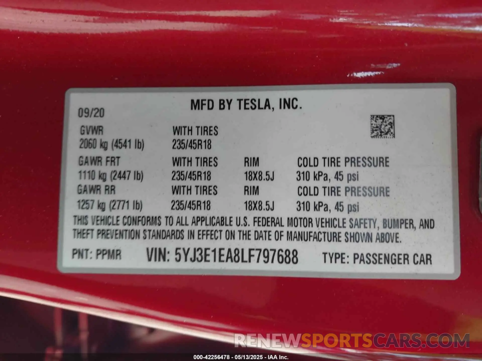 9 Photograph of a damaged car 5YJ3E1EA8LF797688 TESLA MODEL 3 2020
