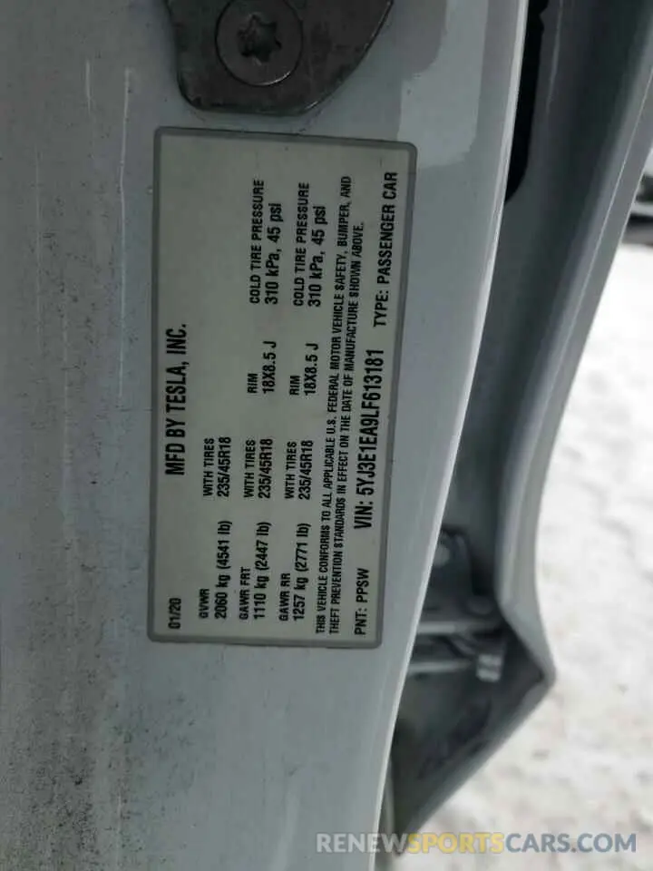 12 Фотография поврежденного автомобиля 5YJ3E1EA9LF613181 TESLA MODEL 3 2020