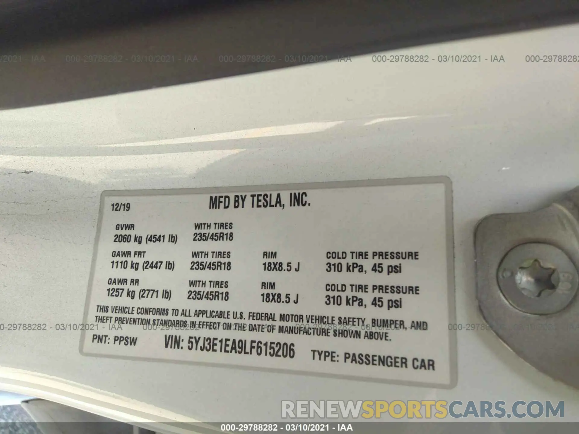 9 Photograph of a damaged car 5YJ3E1EA9LF615206 TESLA MODEL 3 2020