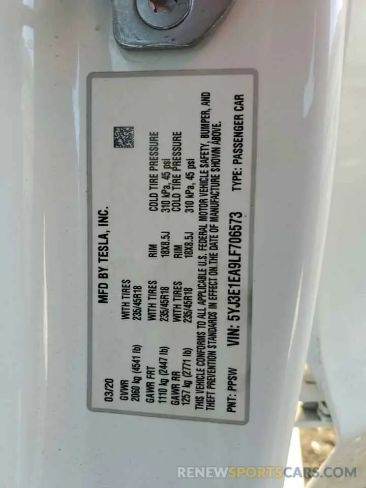 13 Фотография поврежденного автомобиля 5YJ3E1EA9LF706573 TESLA MODEL 3 2020