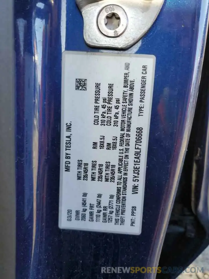 14 Фотография поврежденного автомобиля 5YJ3E1EA9LF706668 TESLA MODEL 3 2020