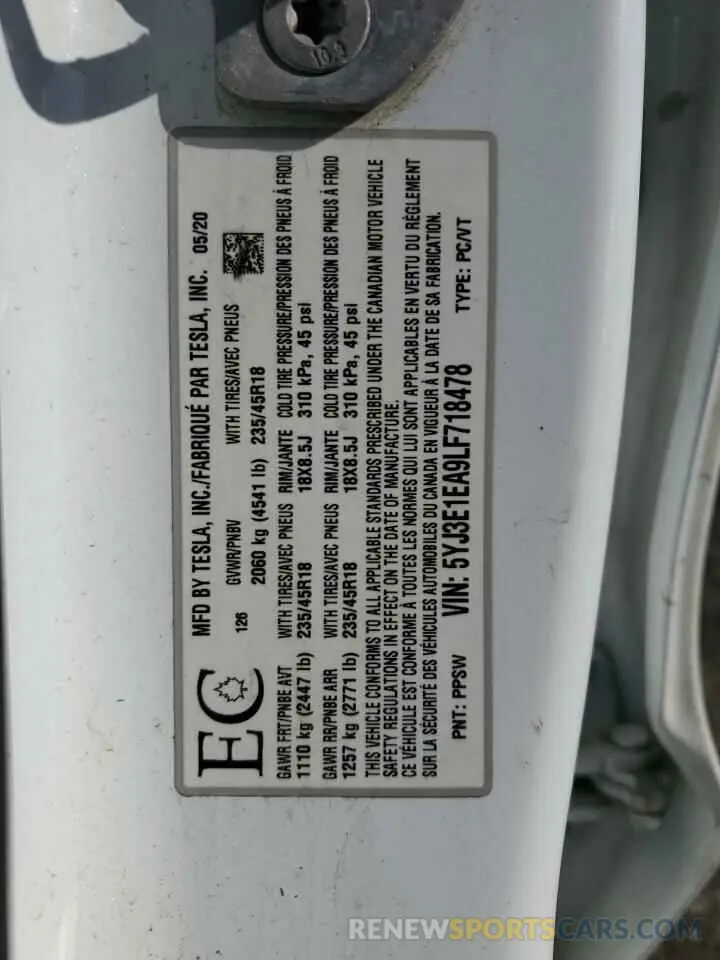 13 Фотография поврежденного автомобиля 5YJ3E1EA9LF718478 TESLA MODEL 3 2020