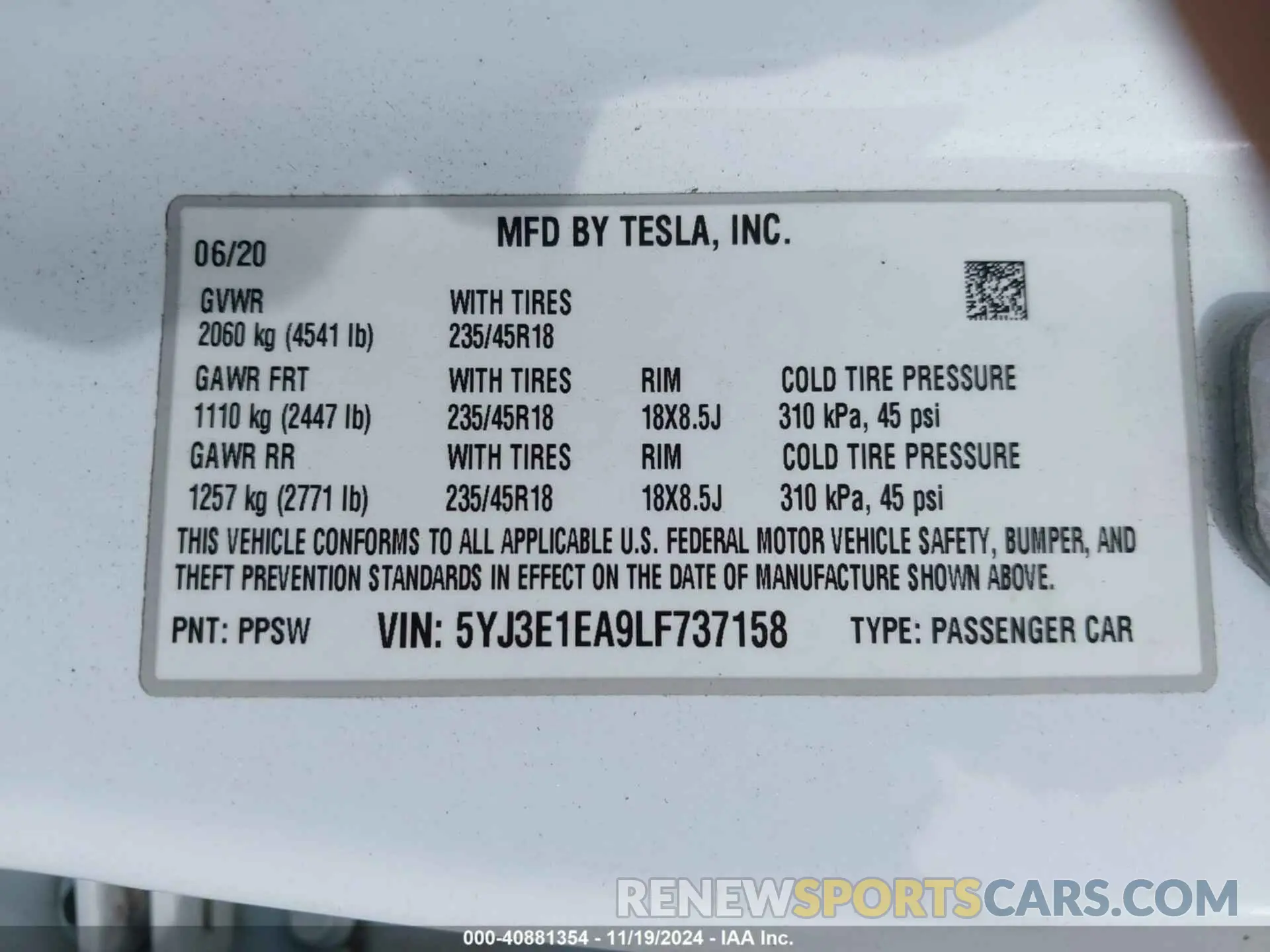 9 Photograph of a damaged car 5YJ3E1EA9LF737158 TESLA MODEL 3 2020