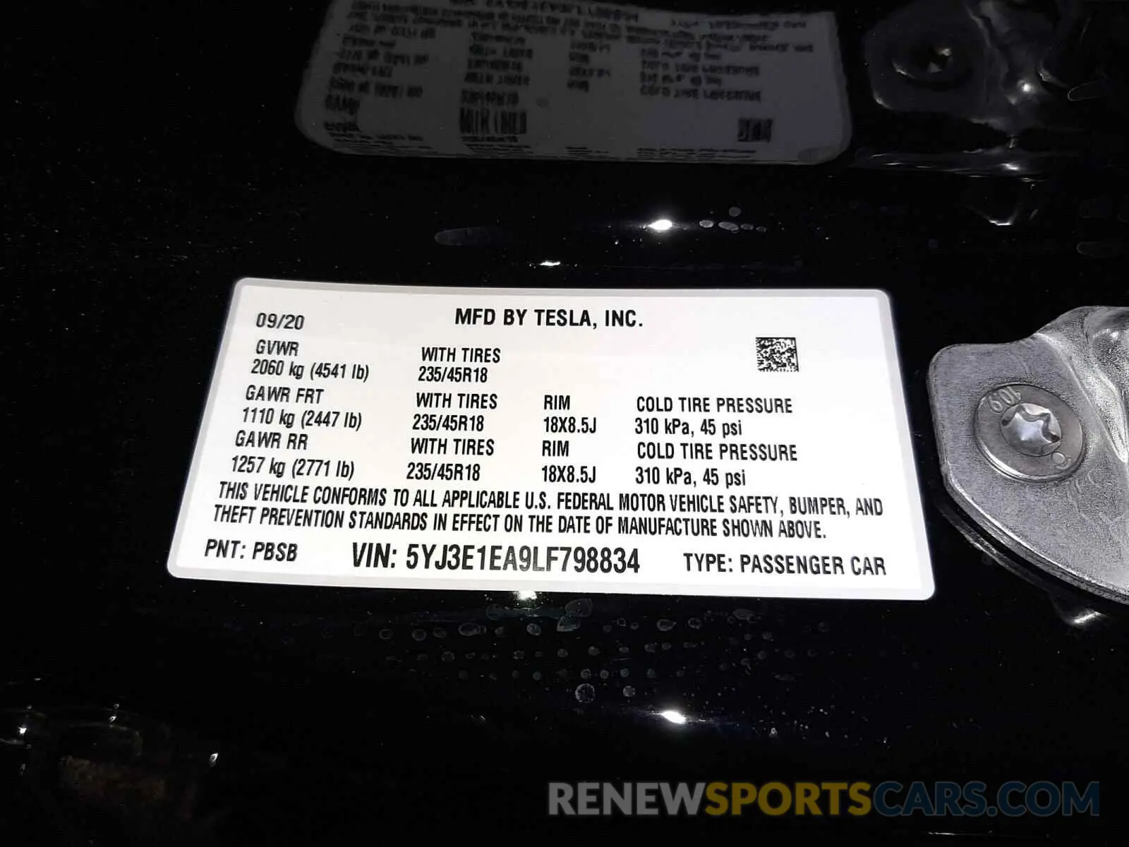 10 Photograph of a damaged car 5YJ3E1EA9LF798834 TESLA MODEL 3 2020