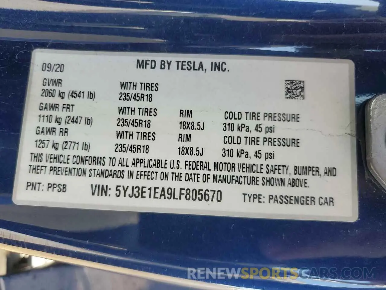 14 Photograph of a damaged car 5YJ3E1EA9LF805670 TESLA MODEL 3 2020