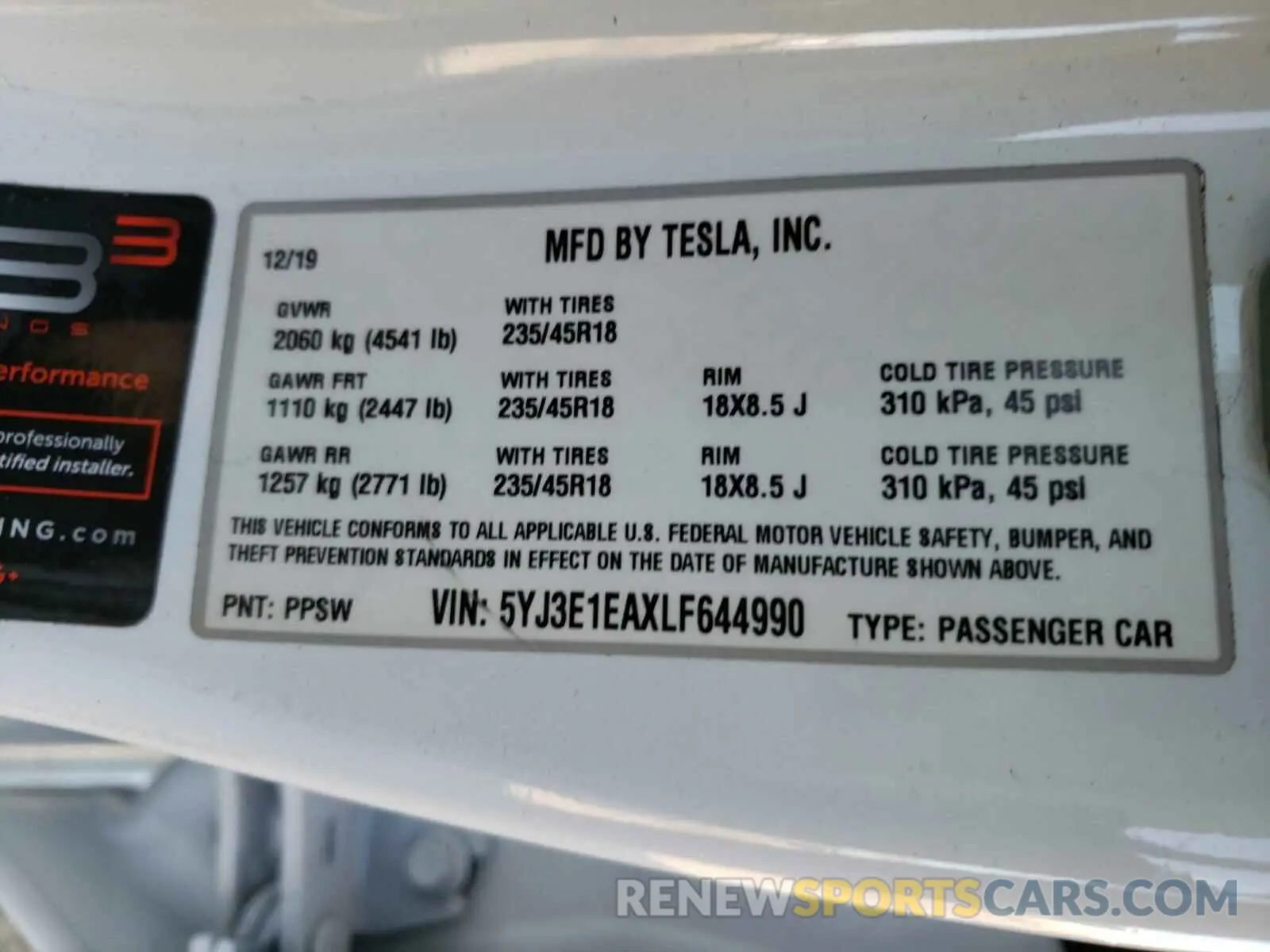 10 Photograph of a damaged car 5YJ3E1EAXLF644990 TESLA MODEL 3 2020