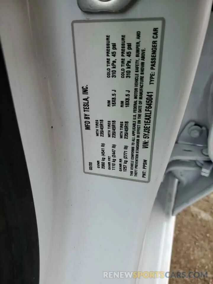 13 Photograph of a damaged car 5YJ3E1EAXLF645041 TESLA MODEL 3 2020