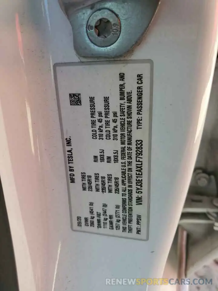12 Фотография поврежденного автомобиля 5YJ3E1EAXLF792833 TESLA MODEL 3 2020