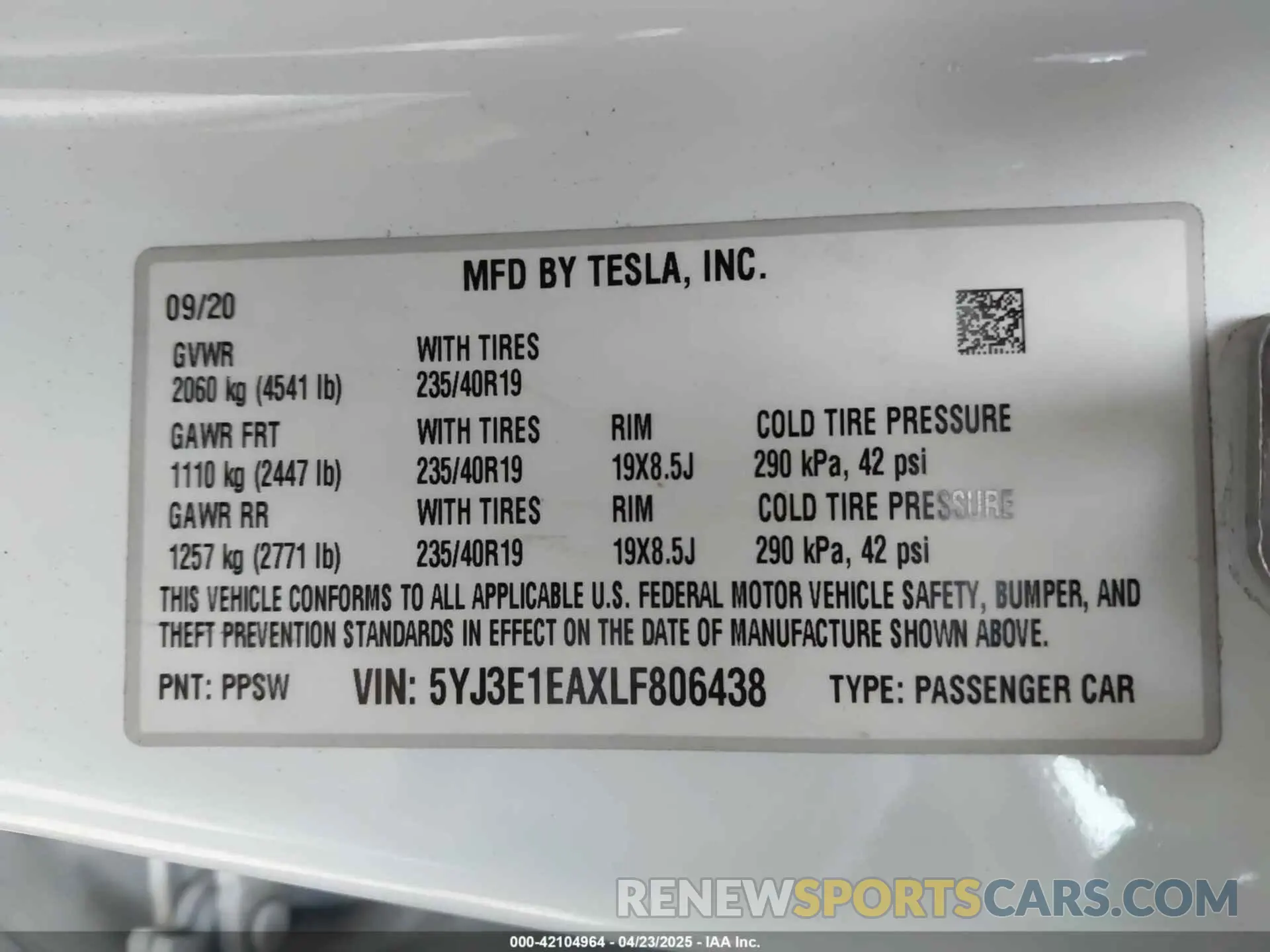 9 Фотография поврежденного автомобиля 5YJ3E1EAXLF806438 TESLA MODEL 3 2020