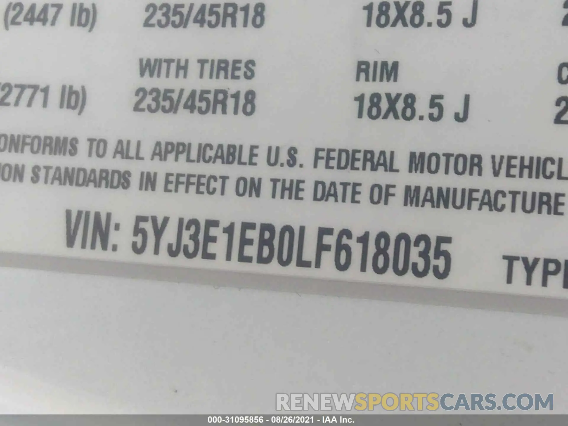 9 Photograph of a damaged car 5YJ3E1EB0LF618035 TESLA MODEL 3 2020