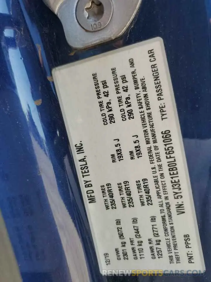 12 Photograph of a damaged car 5YJ3E1EB0LF651066 TESLA MODEL 3 2020