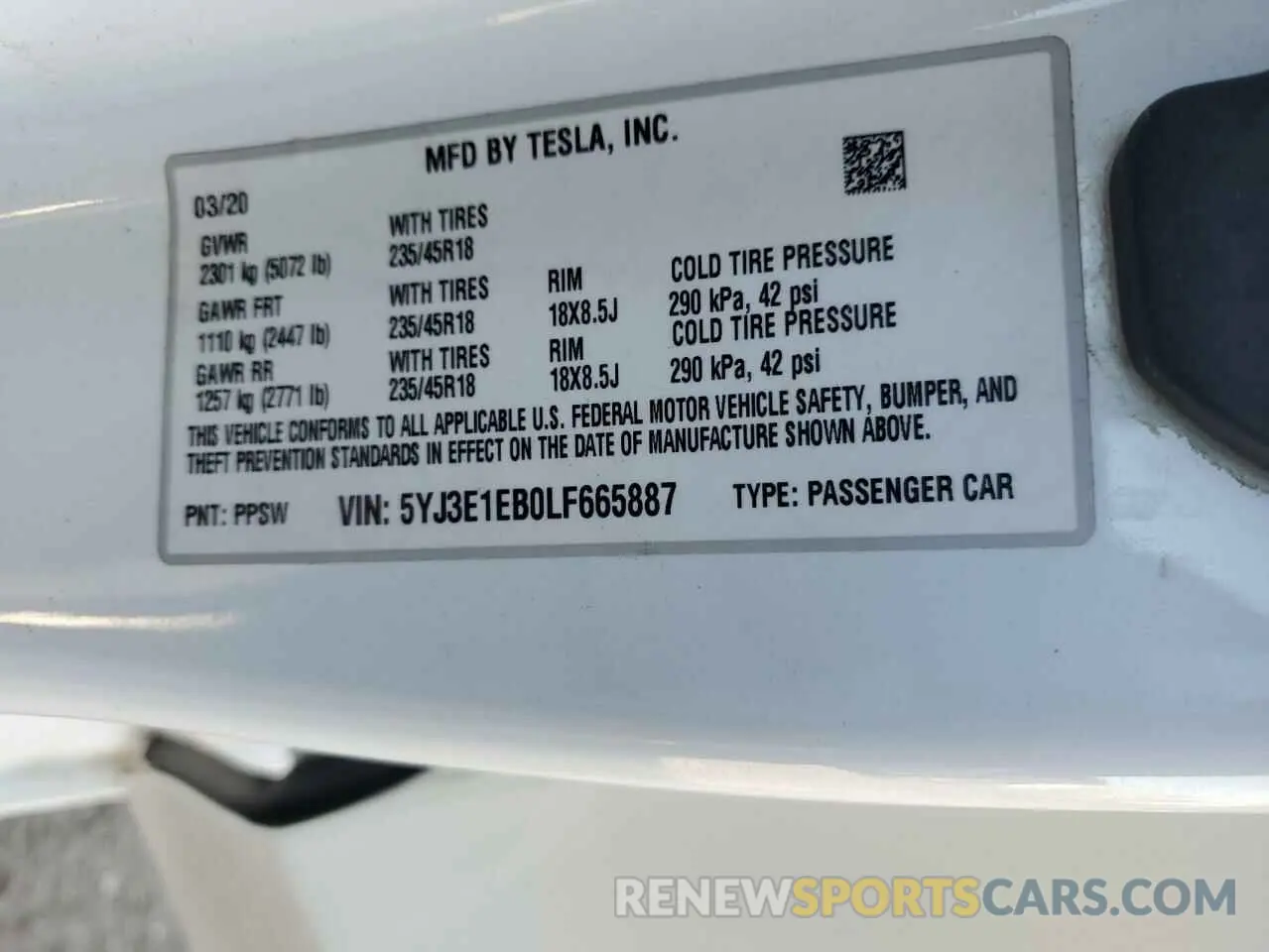 13 Photograph of a damaged car 5YJ3E1EB0LF665887 TESLA MODEL 3 2020