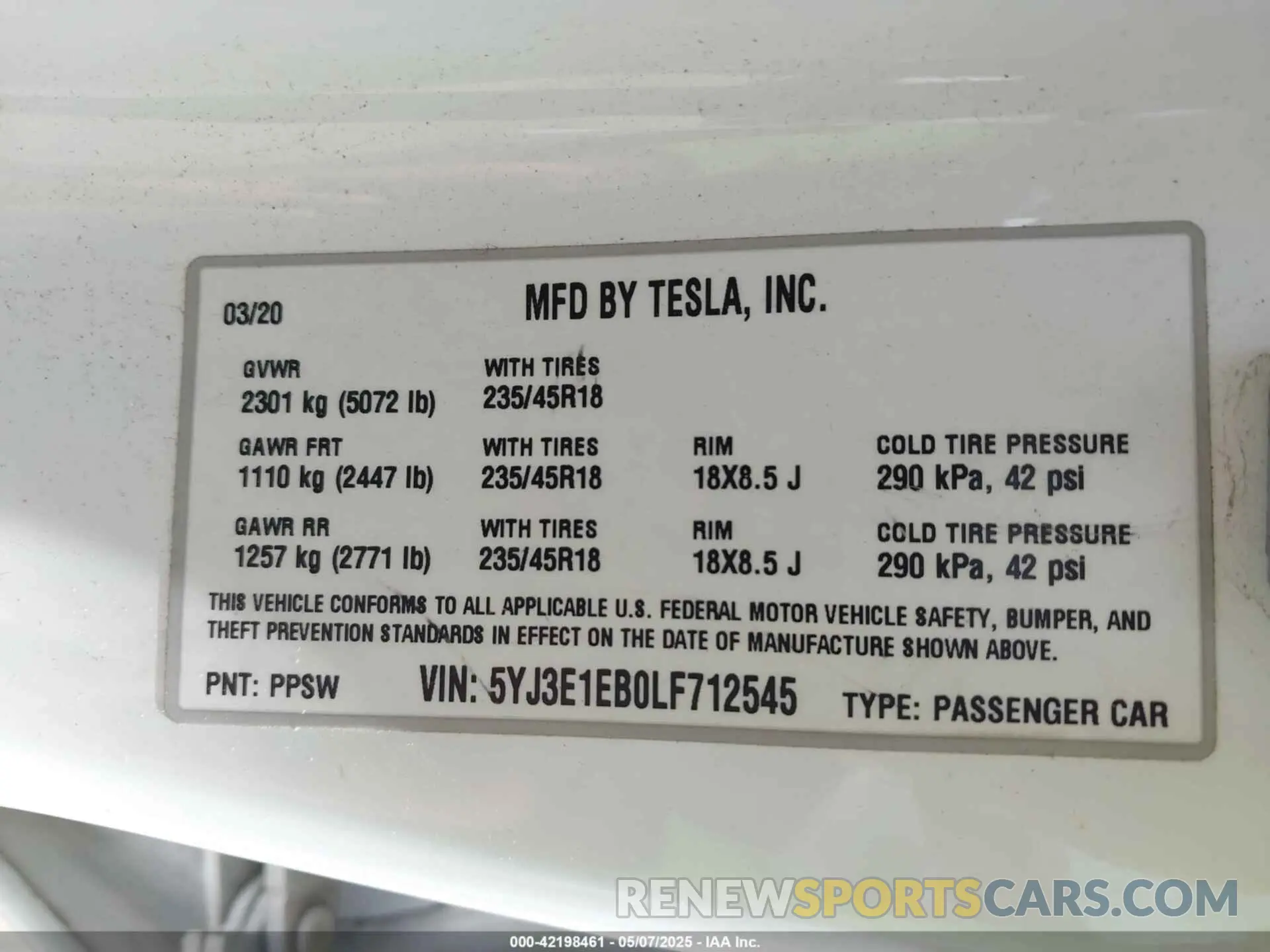 9 Фотография поврежденного автомобиля 5YJ3E1EB0LF712545 TESLA MODEL 3 2020