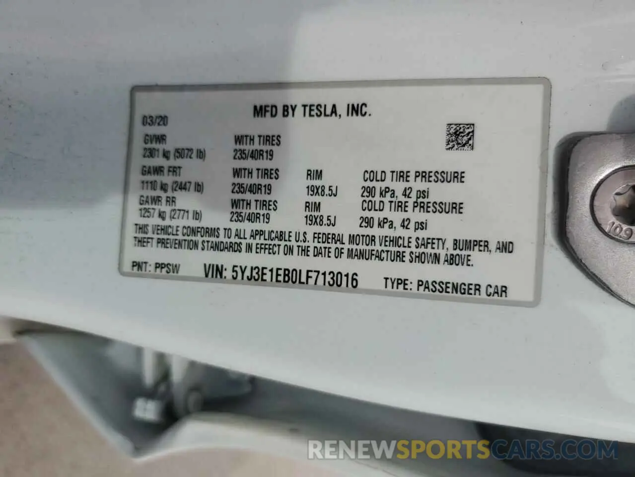 14 Фотография поврежденного автомобиля 5YJ3E1EB0LF713016 TESLA MODEL 3 2020
