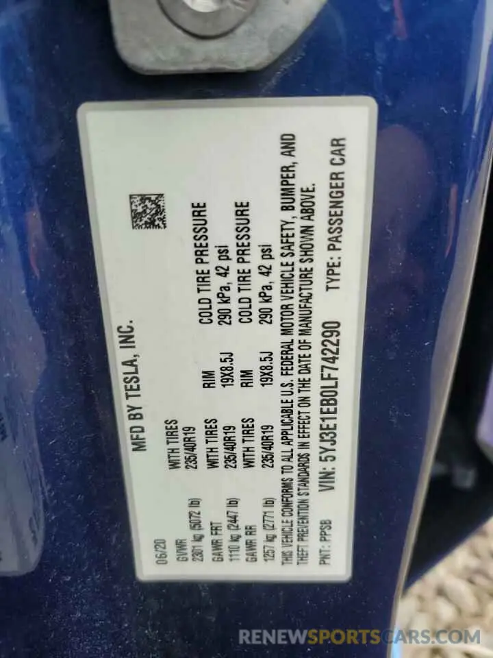 13 Фотография поврежденного автомобиля 5YJ3E1EB0LF742290 TESLA MODEL 3 2020