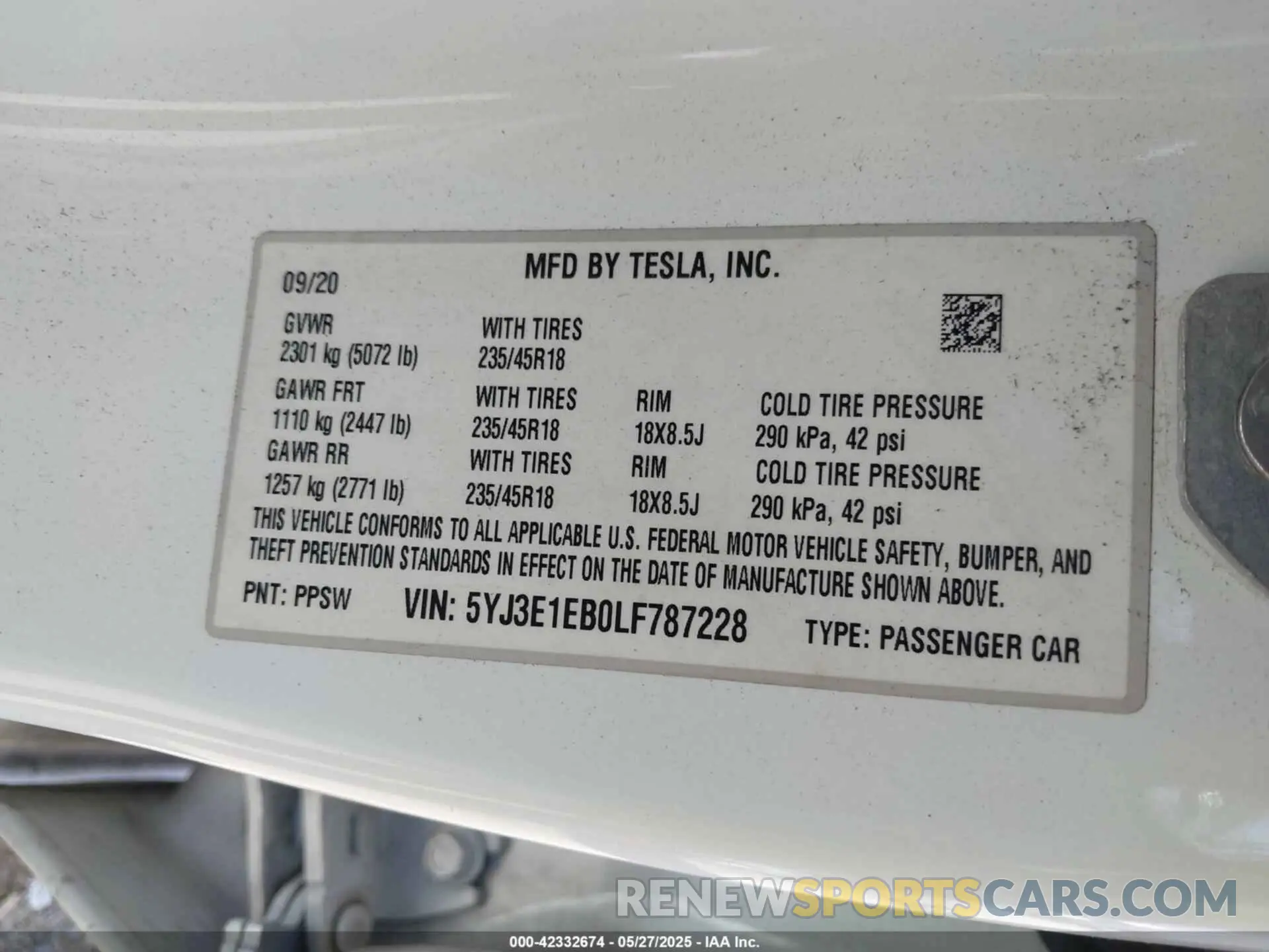 9 Фотография поврежденного автомобиля 5YJ3E1EB0LF787228 TESLA MODEL 3 2020