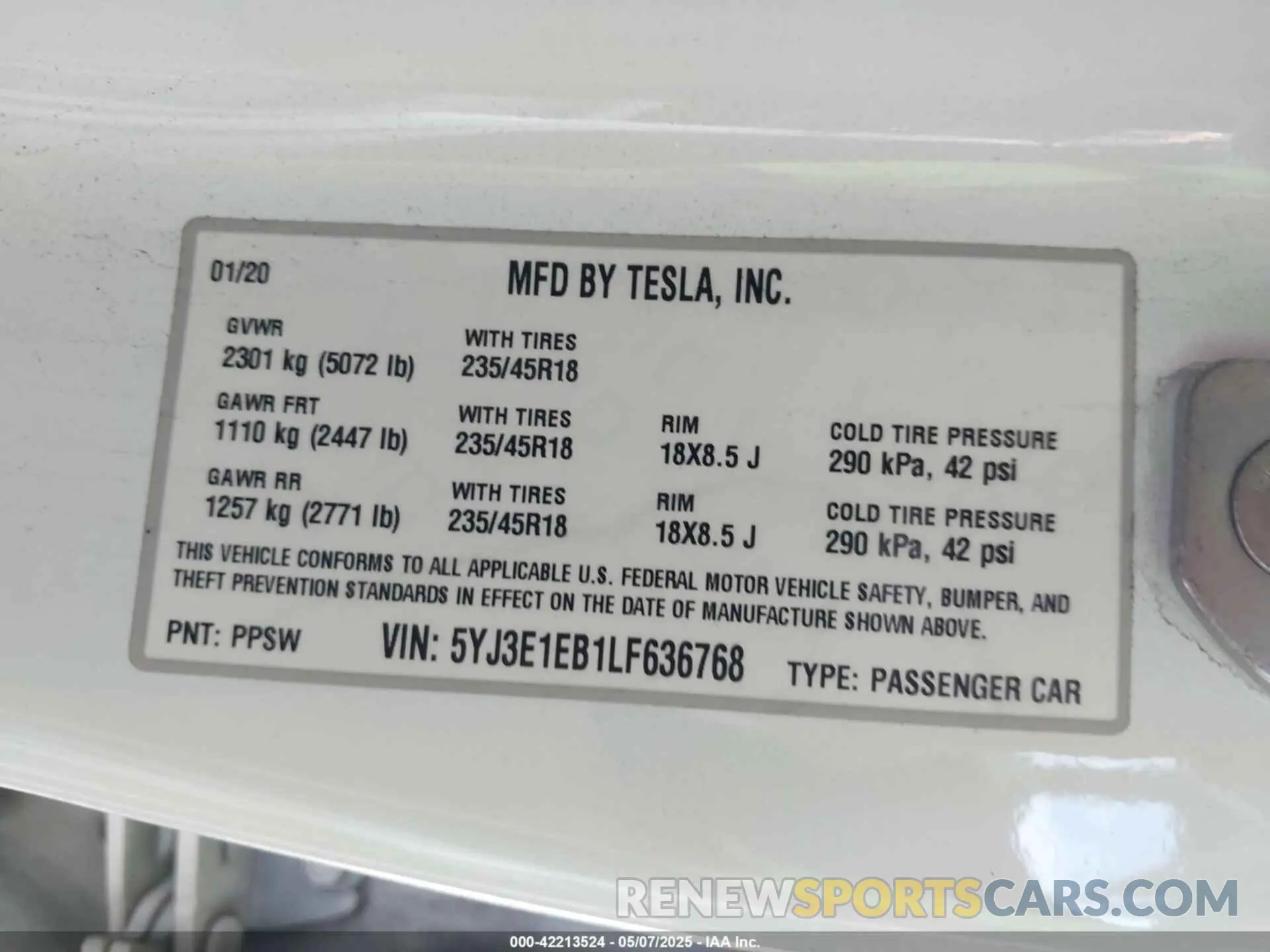 9 Фотография поврежденного автомобиля 5YJ3E1EB1LF636768 TESLA MODEL 3 2020