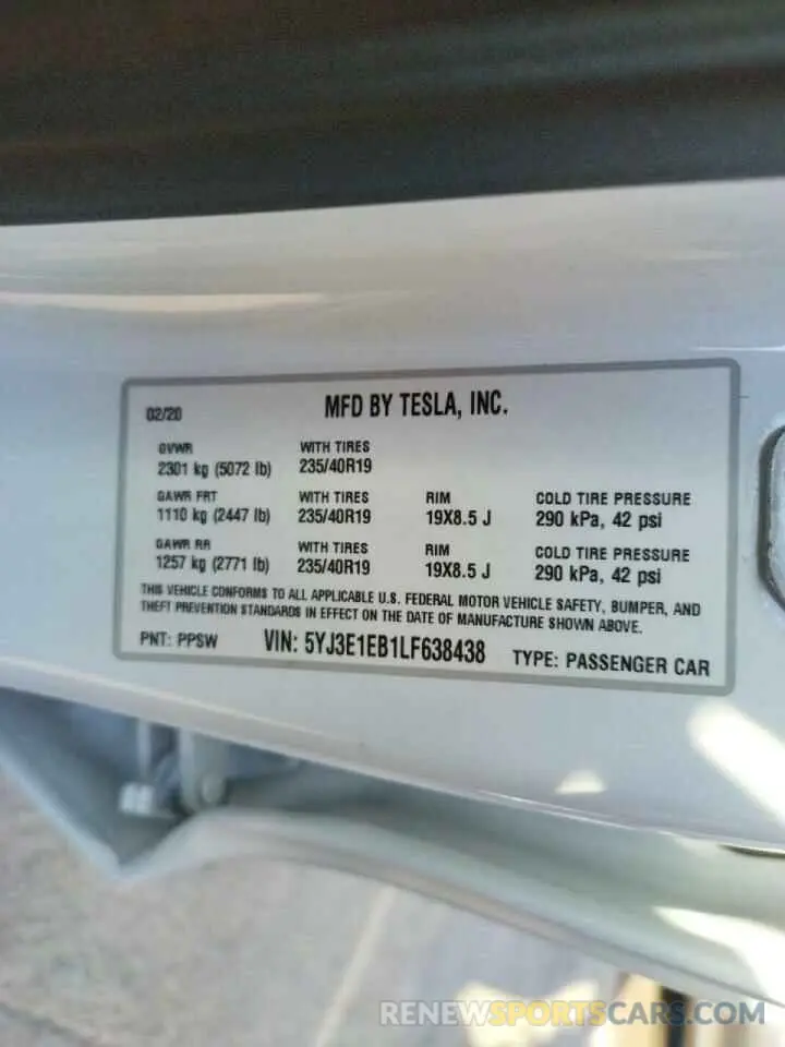 10 Photograph of a damaged car 5YJ3E1EB1LF638438 TESLA MODEL 3 2020