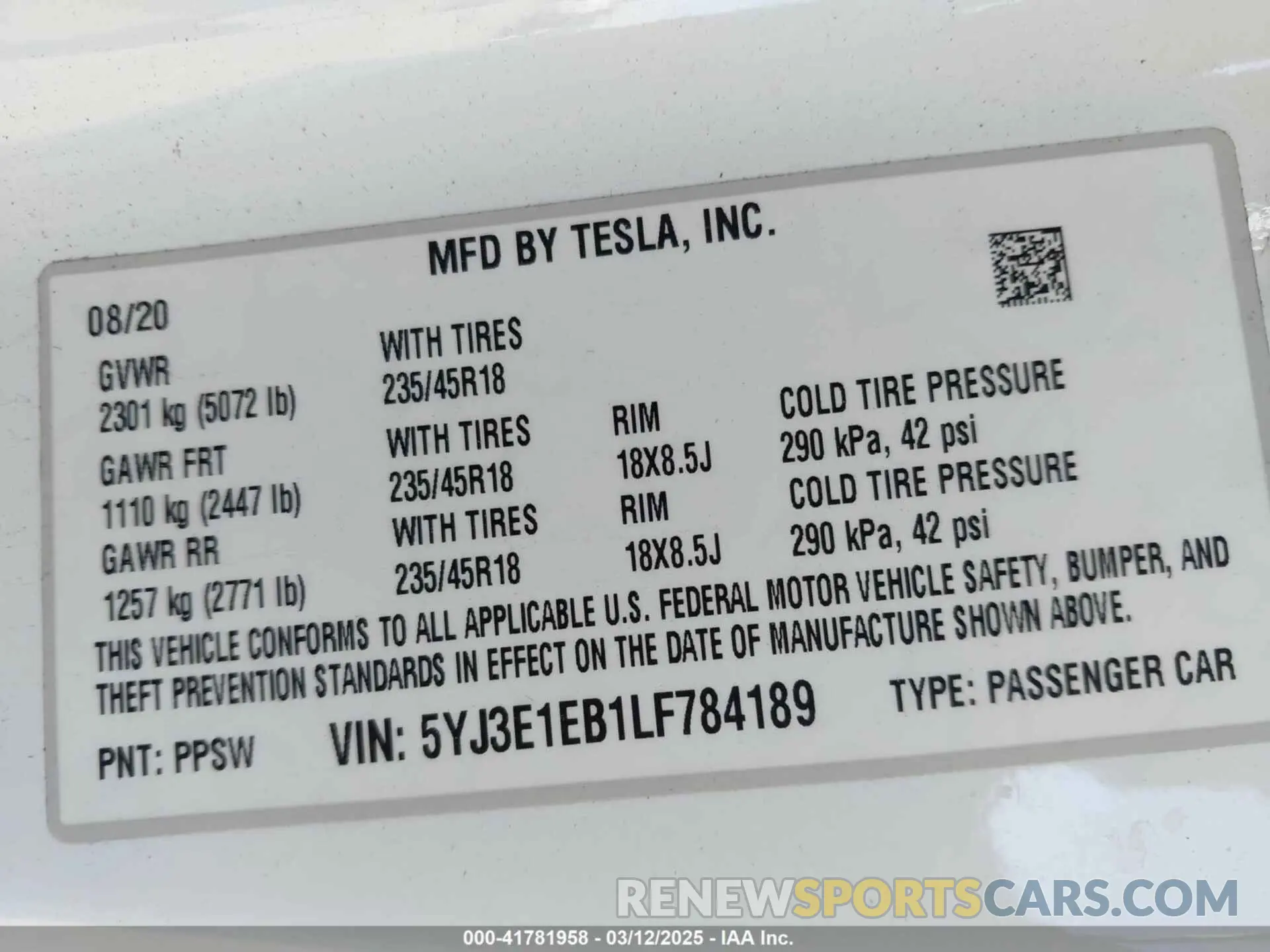 8 Фотография поврежденного автомобиля 5YJ3E1EB1LF784189 TESLA MODEL 3 2020