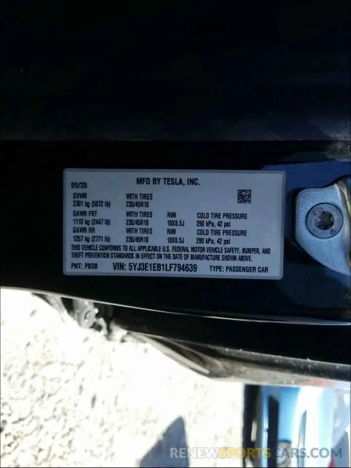10 Photograph of a damaged car 5YJ3E1EB1LF794639 TESLA MODEL 3 2020