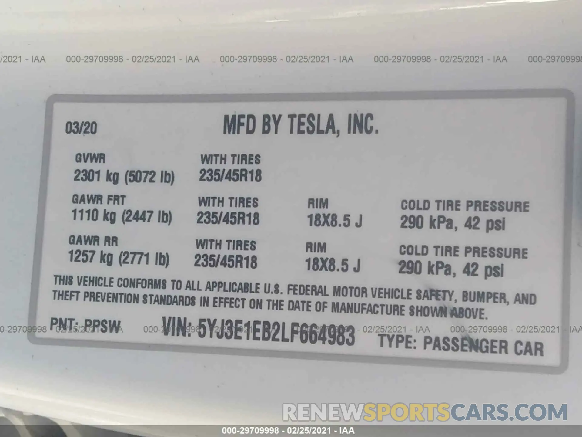 9 Photograph of a damaged car 5YJ3E1EB2LF664983 TESLA MODEL 3 2020