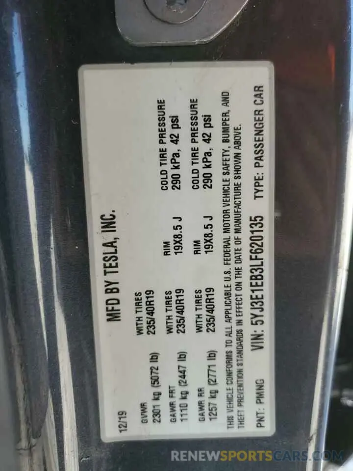 14 Фотография поврежденного автомобиля 5YJ3E1EB3LF620135 TESLA MODEL 3 2020