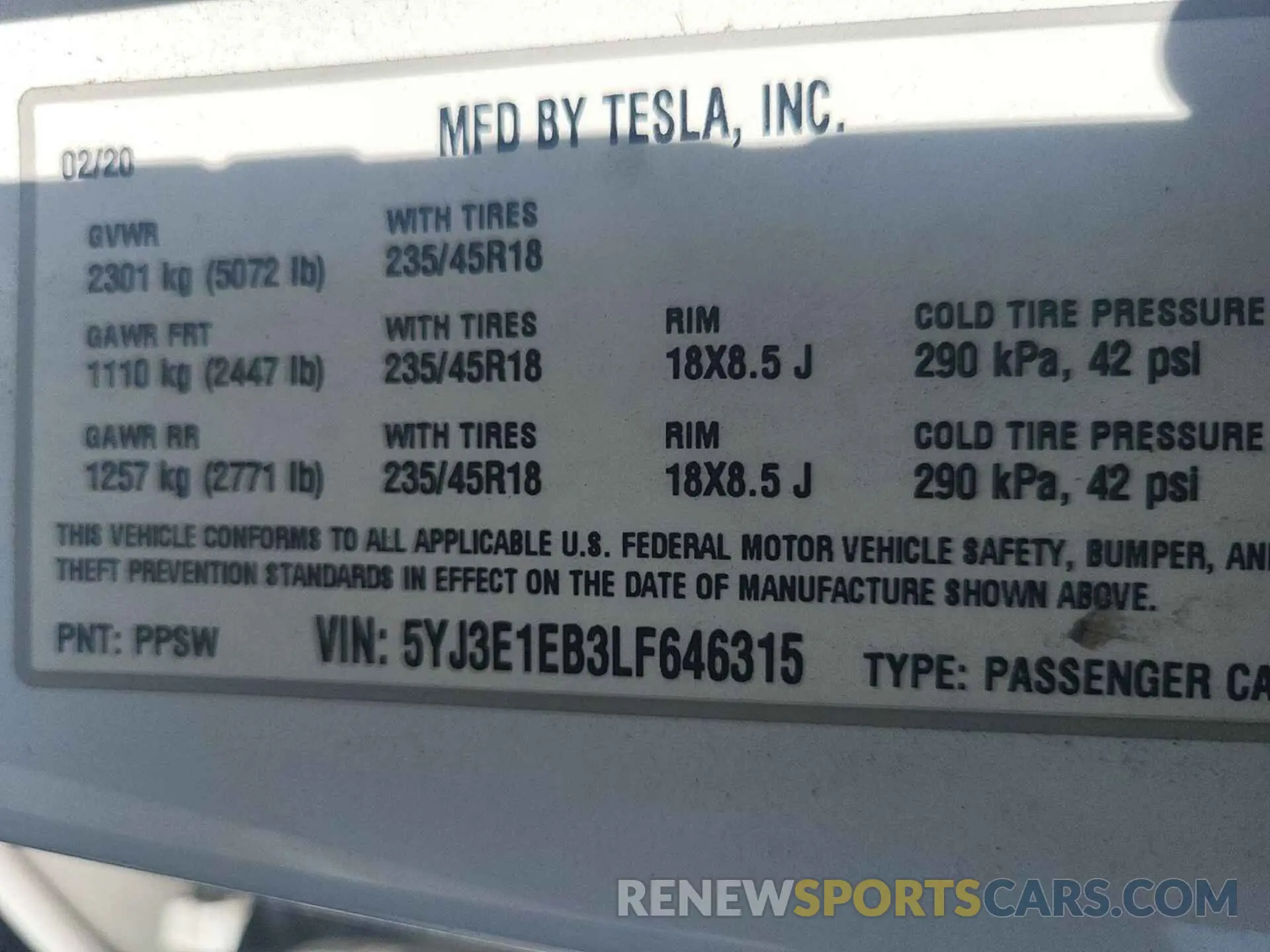24 Фотография поврежденного автомобиля 5YJ3E1EB3LF646315 TESLA MODEL 3 2020