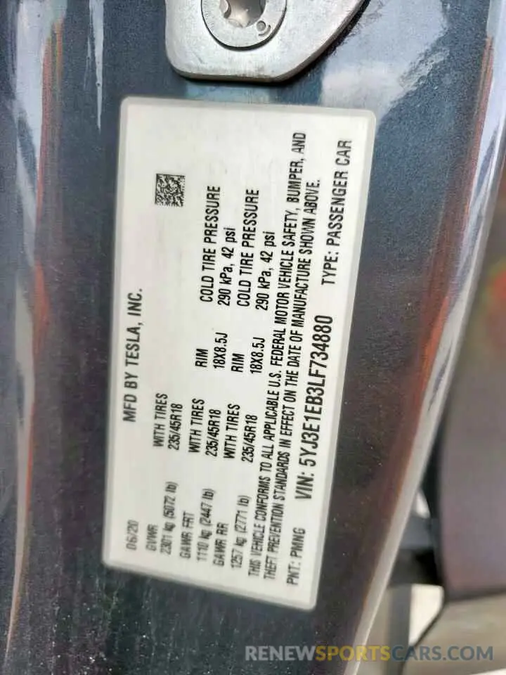 12 Photograph of a damaged car 5YJ3E1EB3LF734880 TESLA MODEL 3 2020