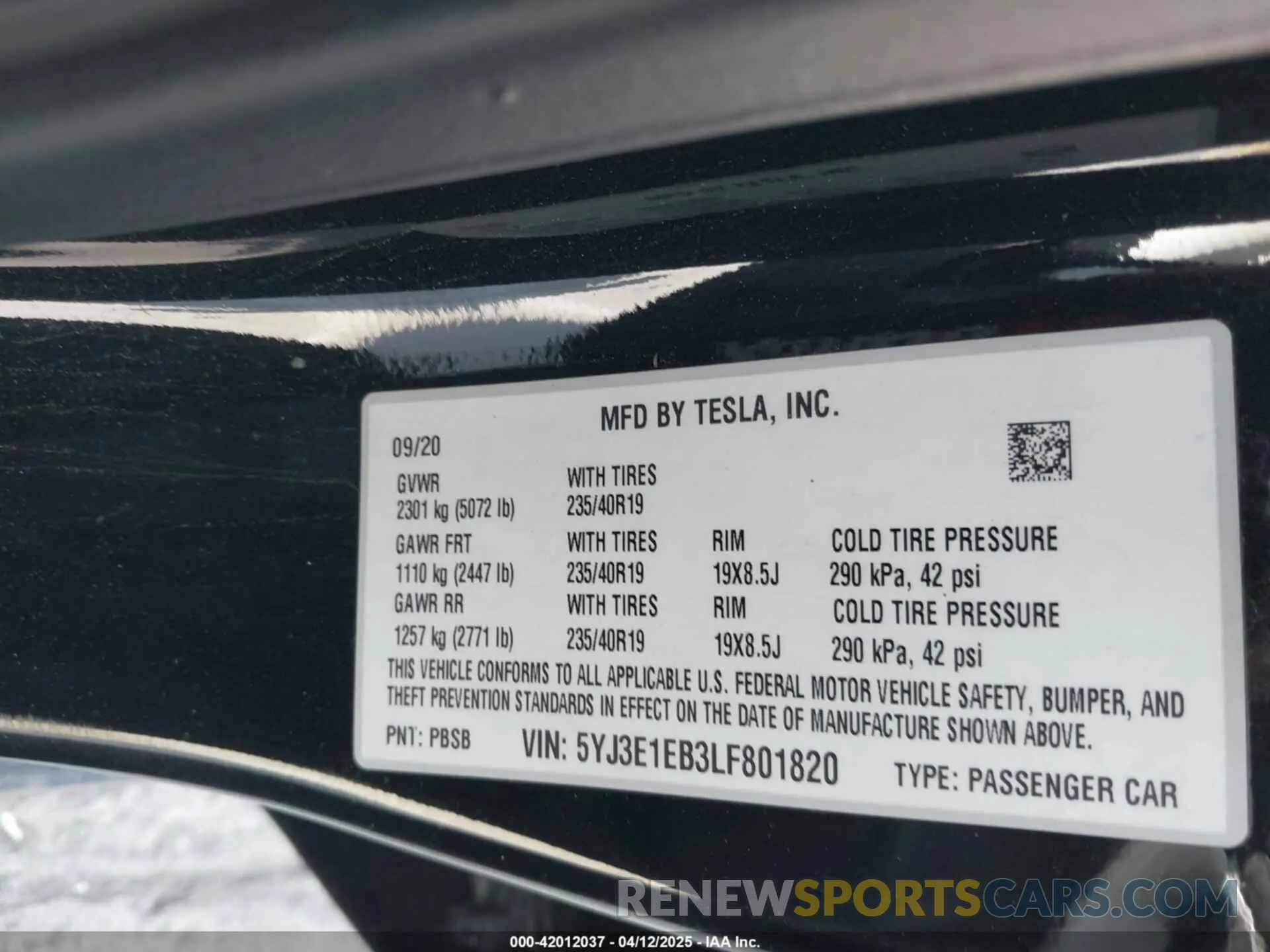 9 Фотография поврежденного автомобиля 5YJ3E1EB3LF801820 TESLA MODEL 3 2020