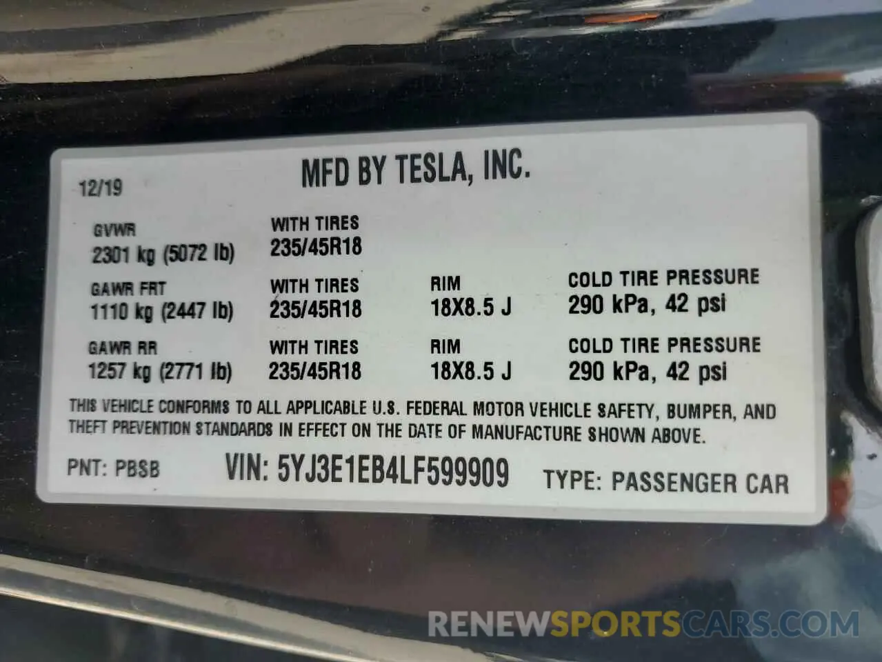 13 Фотография поврежденного автомобиля 5YJ3E1EB4LF599909 TESLA MODEL 3 2020