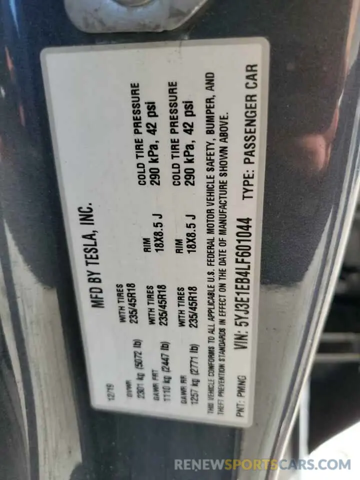 12 Фотография поврежденного автомобиля 5YJ3E1EB4LF601044 TESLA MODEL 3 2020