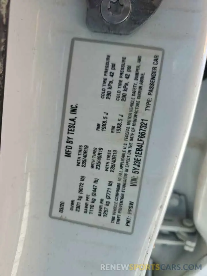 13 Photograph of a damaged car 5YJ3E1EB4LF667321 TESLA MODEL 3 2020