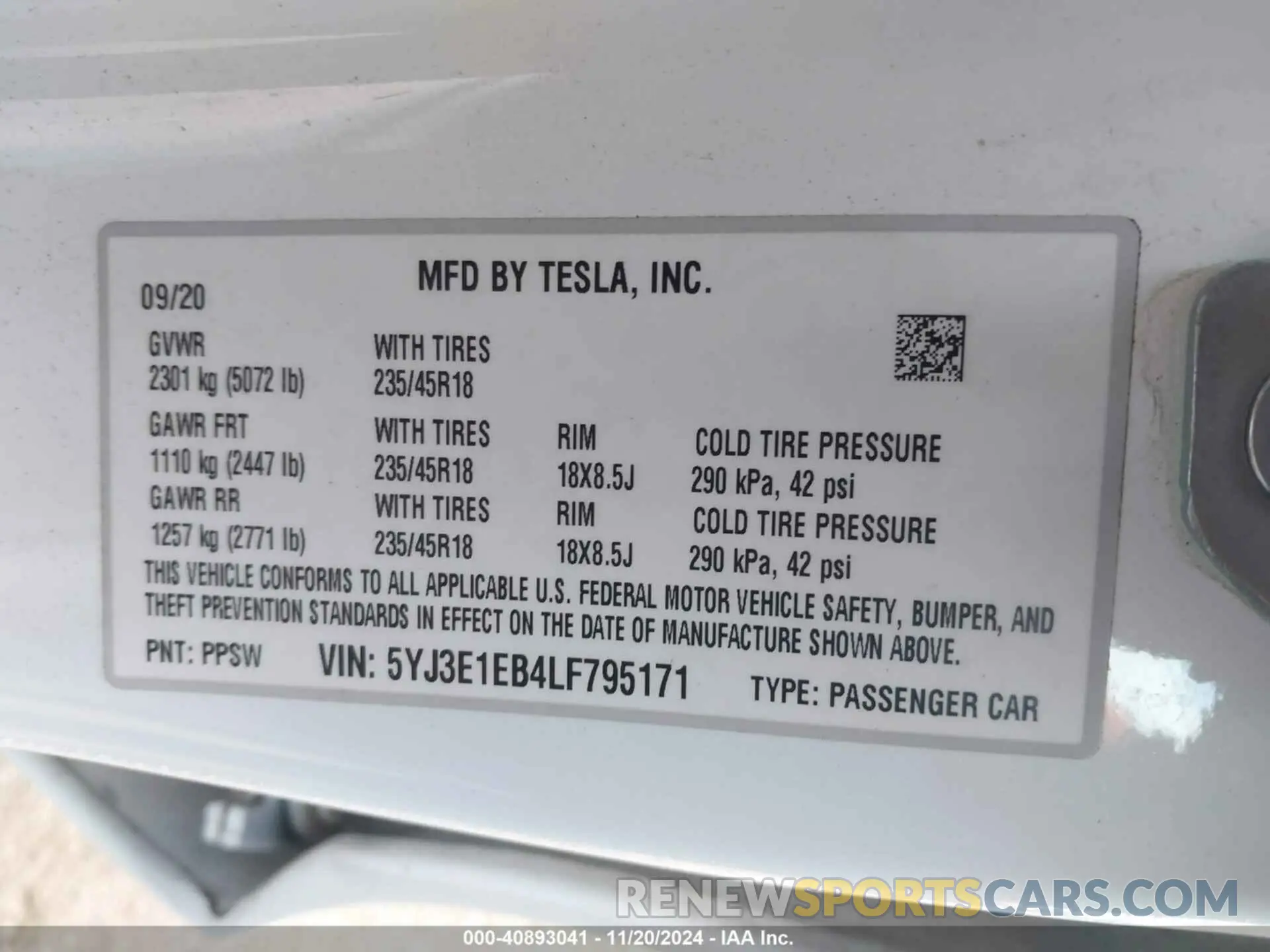 9 Фотография поврежденного автомобиля 5YJ3E1EB4LF795171 TESLA MODEL 3 2020