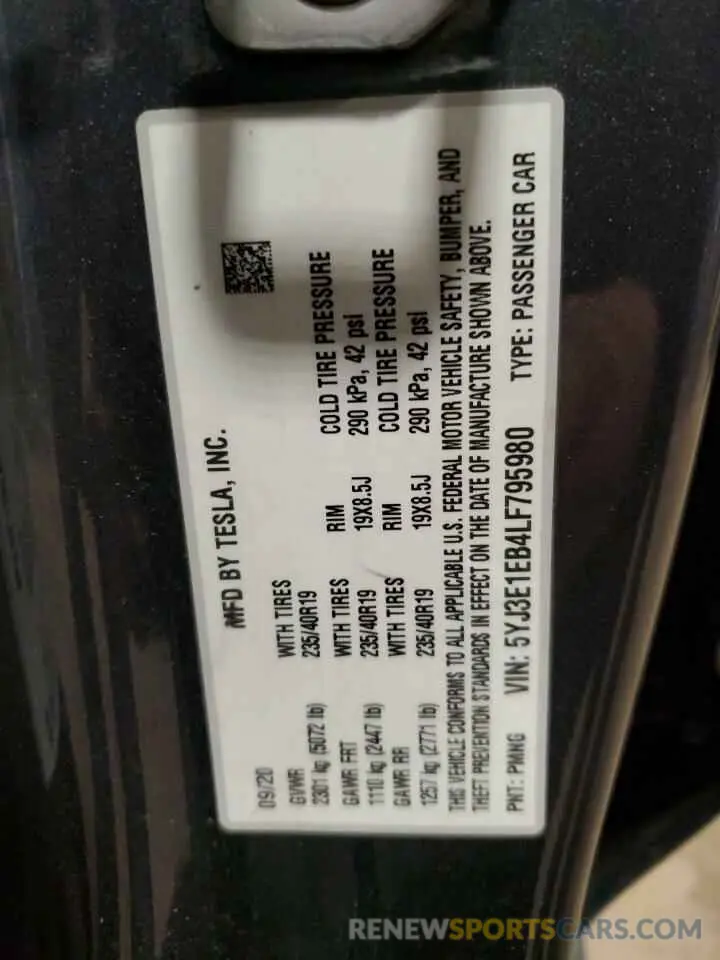 13 Фотография поврежденного автомобиля 5YJ3E1EB4LF795980 TESLA MODEL 3 2020