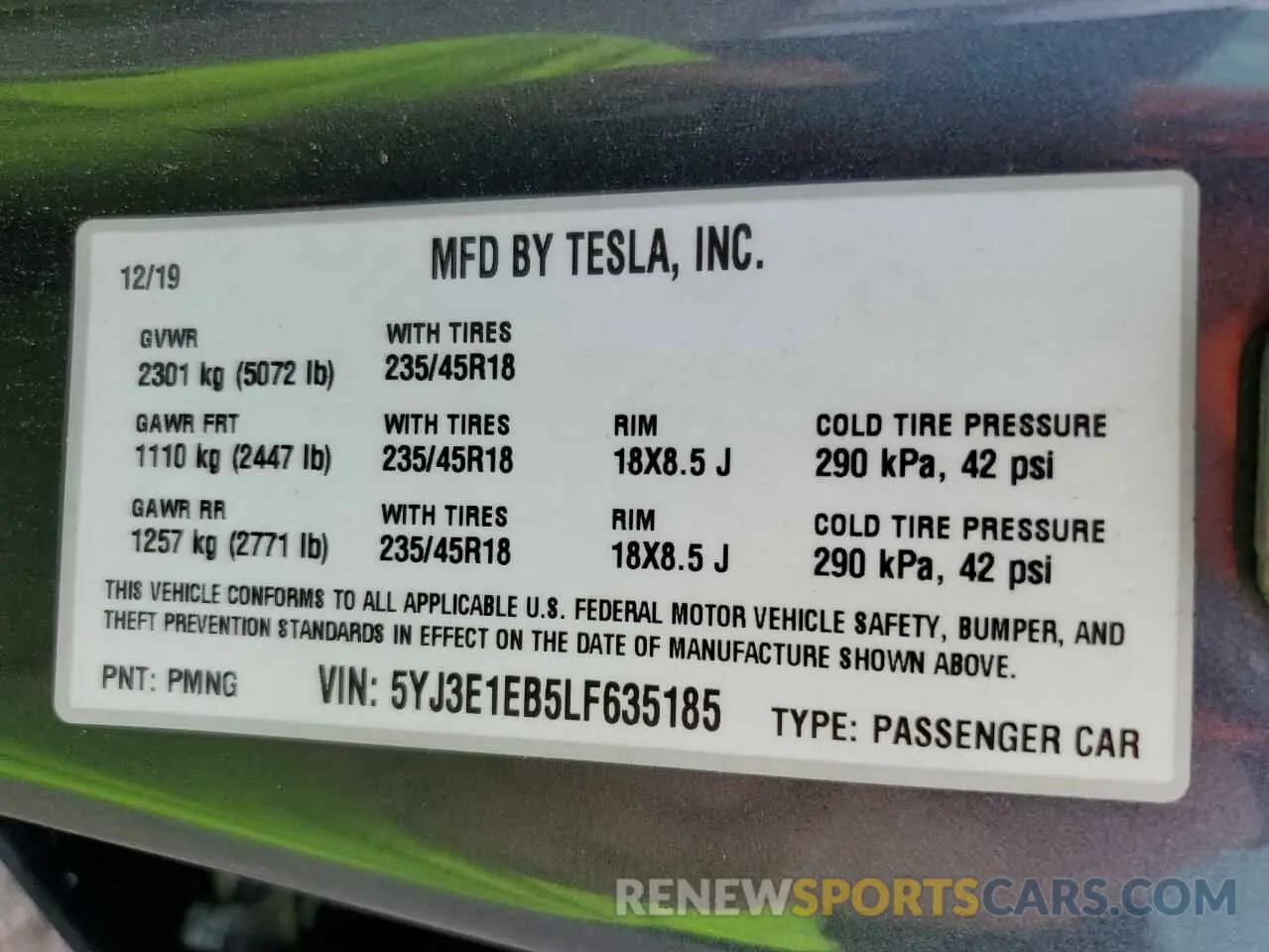 12 Photograph of a damaged car 5YJ3E1EB5LF635185 TESLA MODEL 3 2020