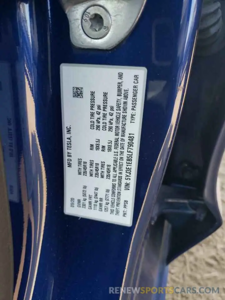 12 Photograph of a damaged car 5YJ3E1EB5LF790481 TESLA MODEL 3 2020