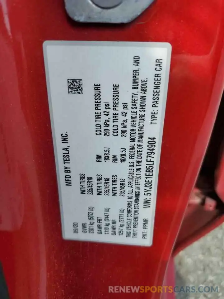 12 Фотография поврежденного автомобиля 5YJ3E1EB5LF794904 TESLA MODEL 3 2020