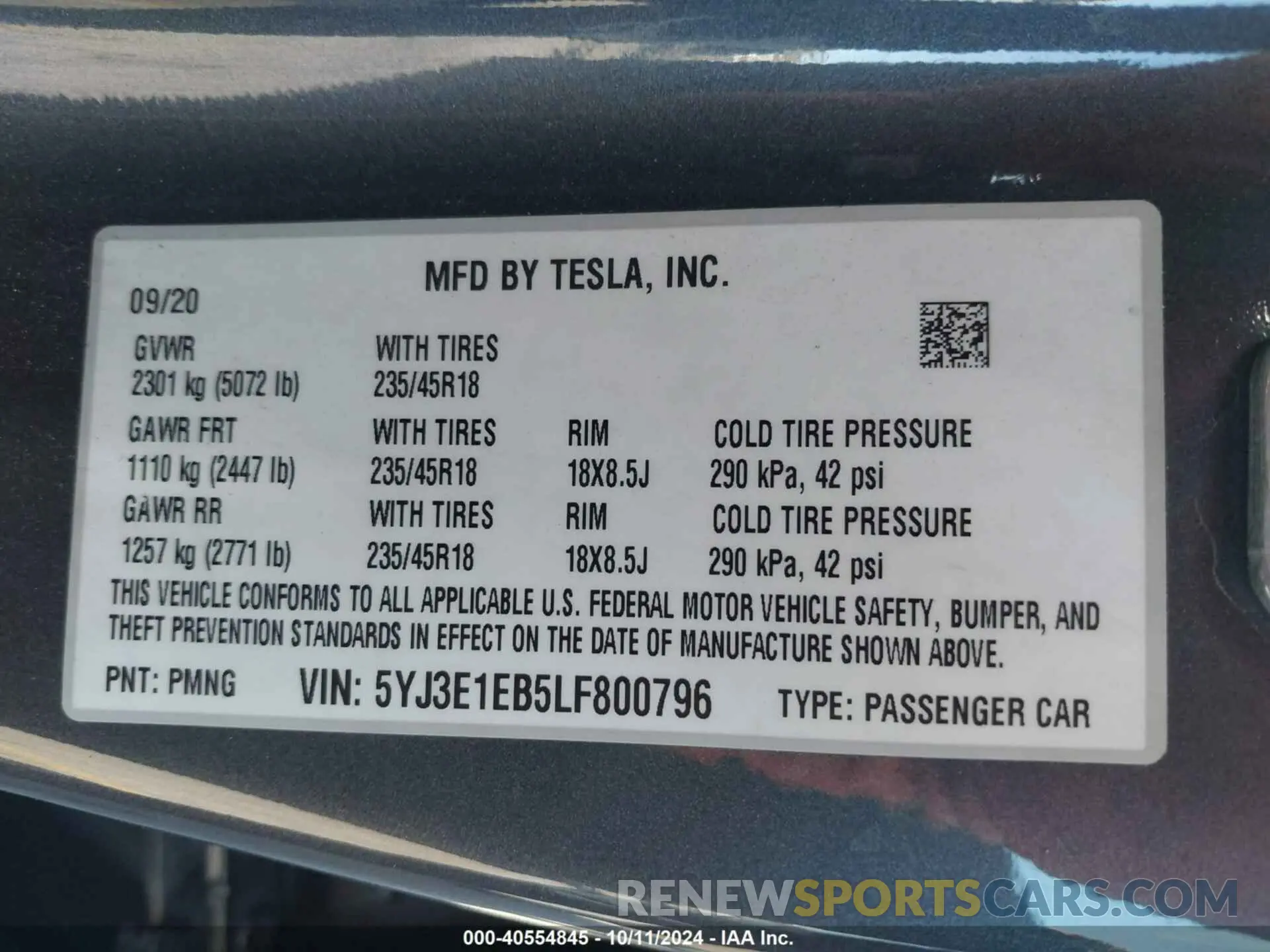 9 Фотография поврежденного автомобиля 5YJ3E1EB5LF800796 TESLA MODEL 3 2020