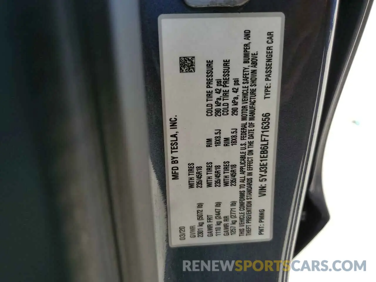 13 Фотография поврежденного автомобиля 5YJ3E1EB6LF716356 TESLA MODEL 3 2020