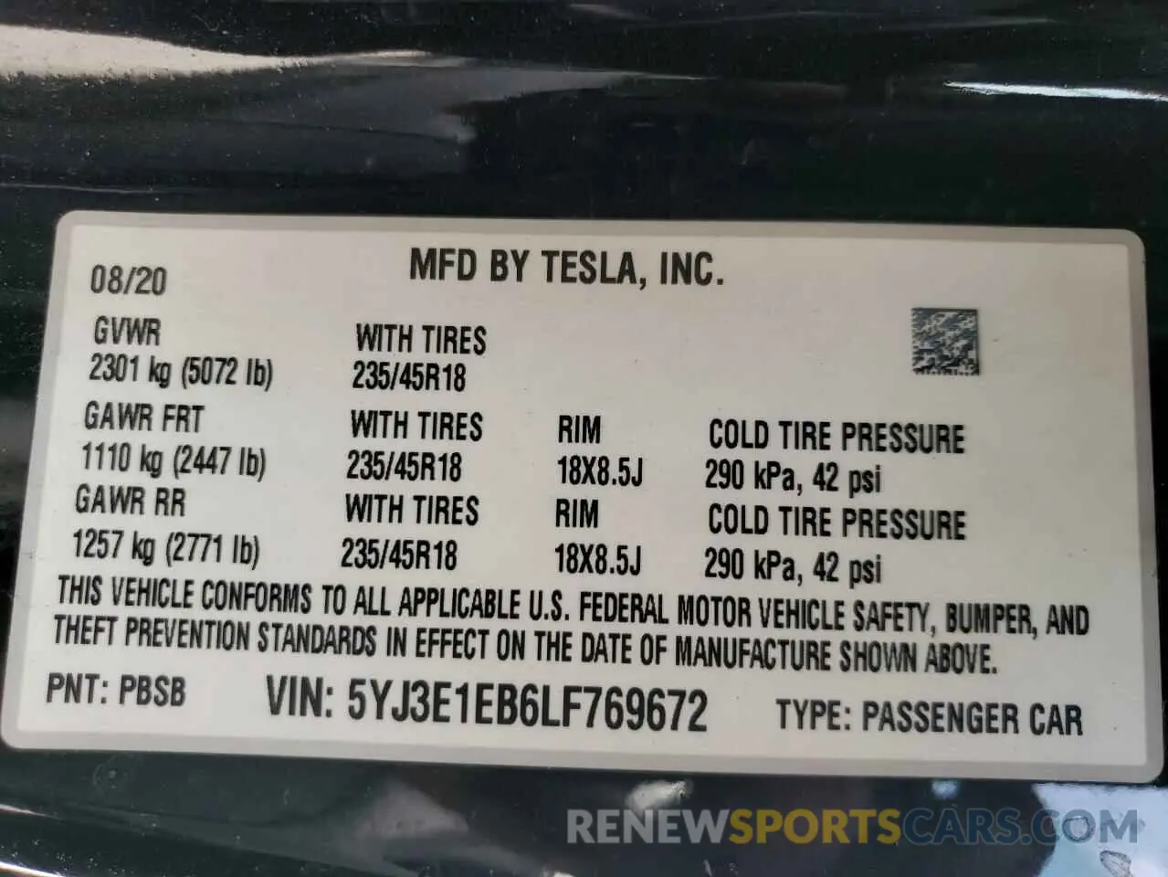 12 Фотография поврежденного автомобиля 5YJ3E1EB6LF769672 TESLA MODEL 3 2020