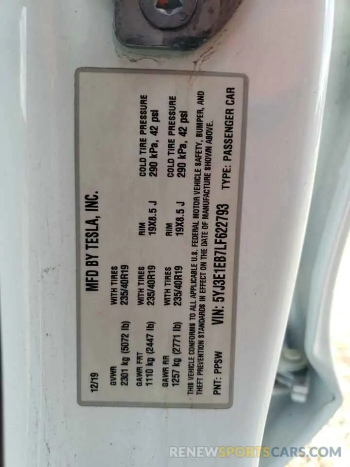 12 Фотография поврежденного автомобиля 5YJ3E1EB7LF622793 TESLA MODEL 3 2020