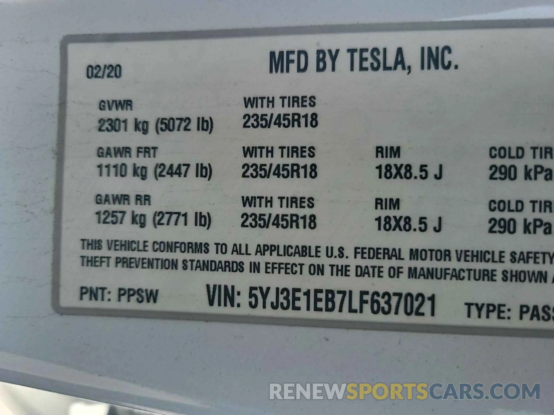 8 Photograph of a damaged car 5YJ3E1EB7LF637021 TESLA MODEL 3 2020